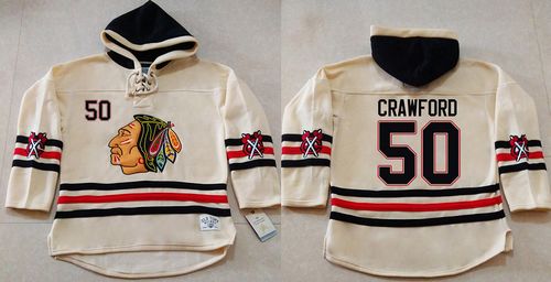 Blackhawks #50 Corey Crawford Cream Heavyweight Pullover Hoodie Stitched NHL Jersey - Click Image to Close